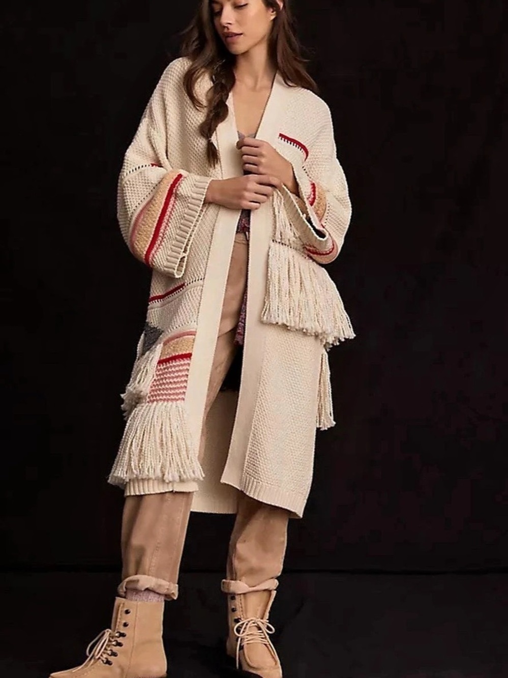 Pilcro Fringe Cardigan Sweater Color Block Cream & Red